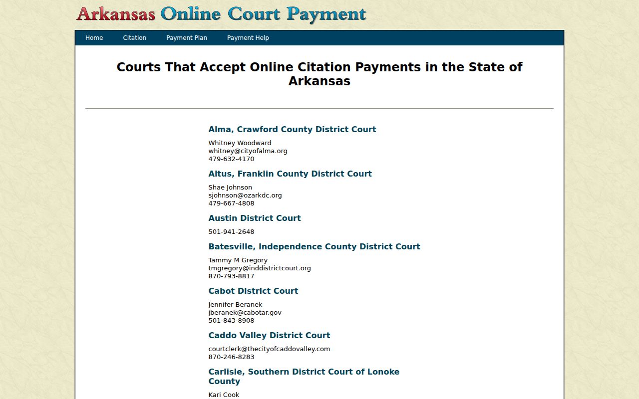 Clay County traffic ticket participating court list showing no Clay department